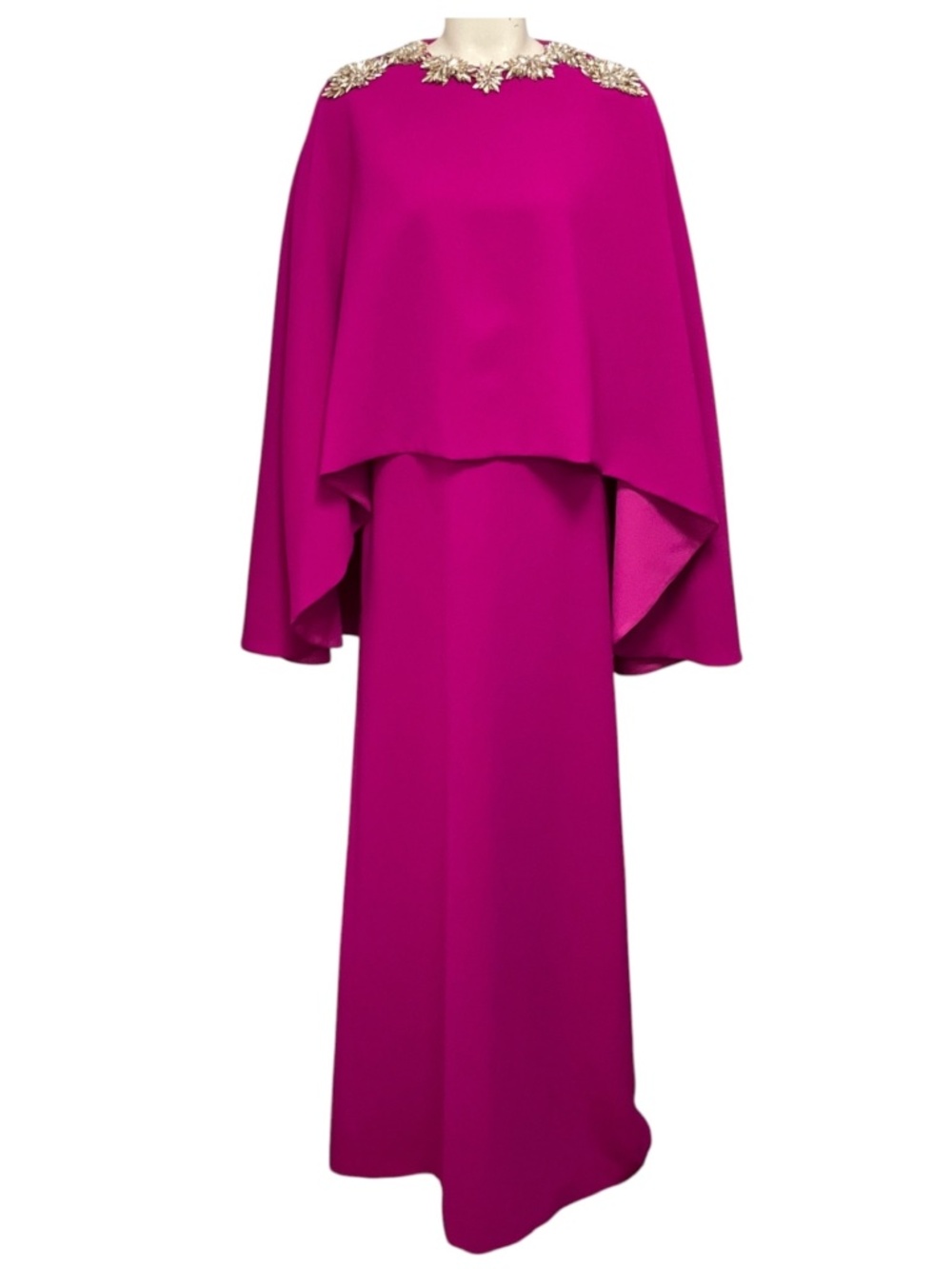 COSTARELLOS MAGENTA ELIN CRYSTAL EMBELLISHED CAPED CREPE GOWN